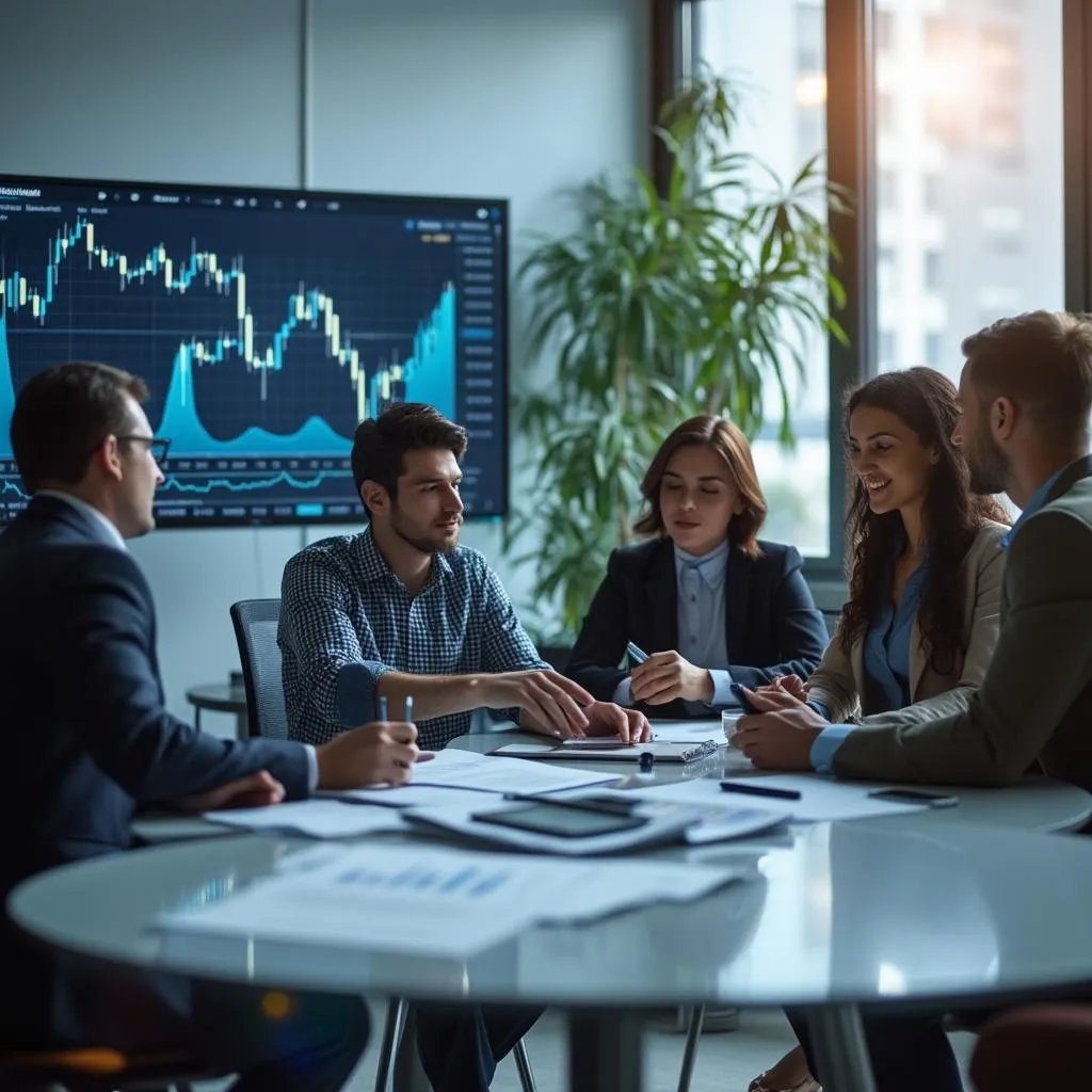 Equipo discutiendo estrategias financieras
